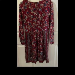 Lucky Brand Dress Burgundy Floral Long Sleeve Side Zip Boho Retro Fall